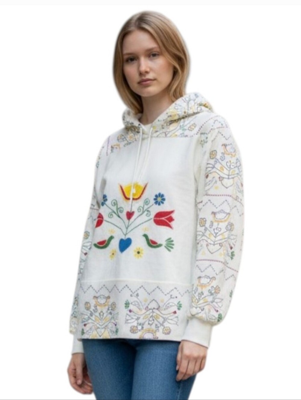 Vintage Embroidered Folk Art Hoodie Sweatshirt Retro 60s Cream Medium